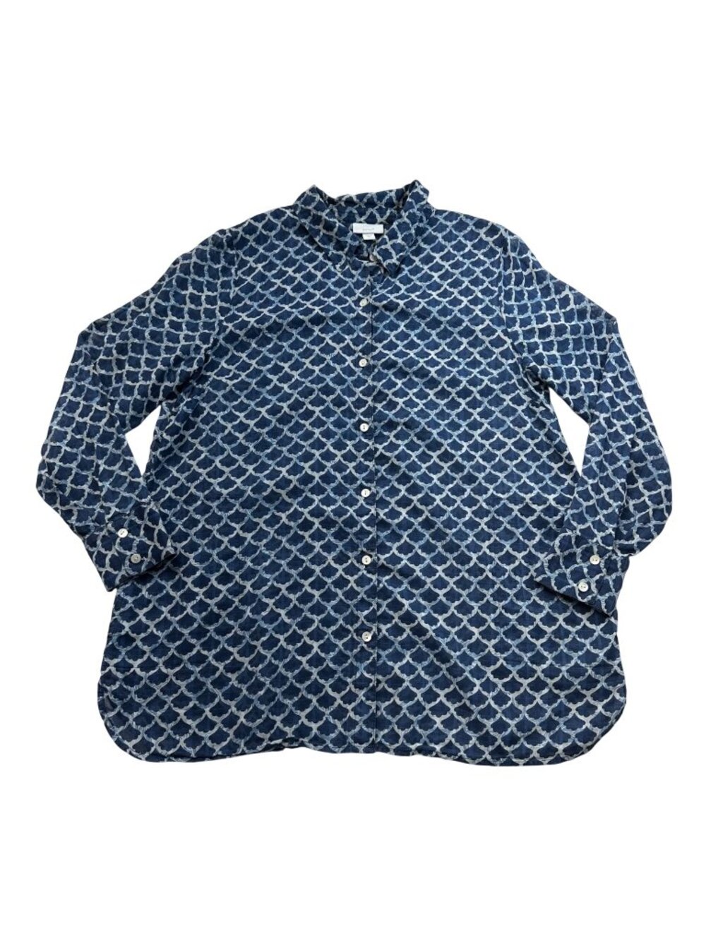 J Jill PureJill Cotton Button Up Long Sleeve Top Size Medium Blue Scallop Print